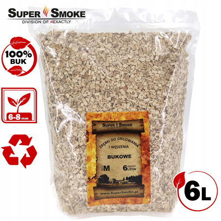 Zrębki Wędzarnicze Super Smoke BUK KL-08 (6-8mm) Medium 6 Litrów, DOYPACK
