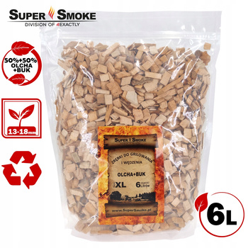 Zrębki Wędzarnicze SuperSmoke OLCHA+BUK KL-13 (12-18mm) XL 6 Litrów Doypack